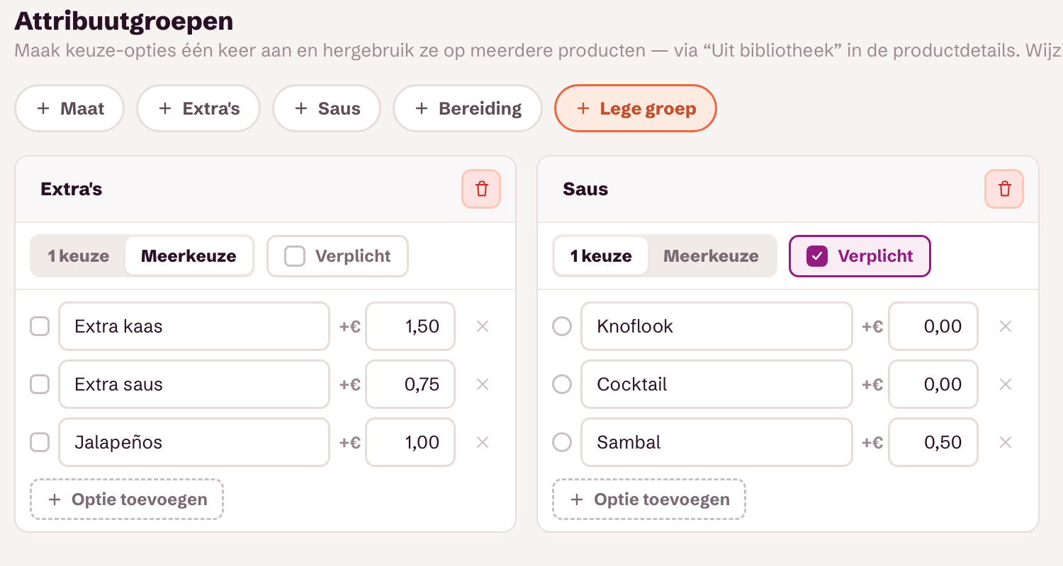 Keuzegroepen met opties en prijzen in Foodnu Beheer