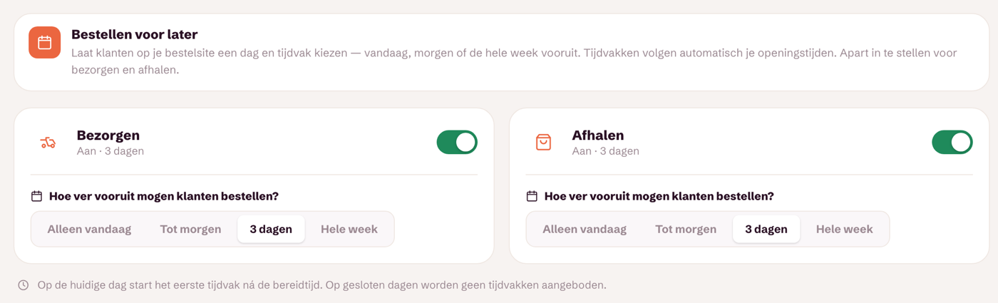 Het scherm Vooruit bestellen in Foodnu Beheer