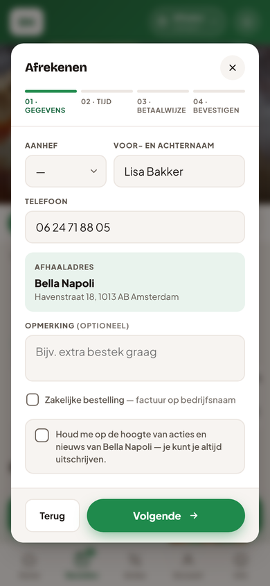 Afrekenen op de bestelsite, op een telefoon