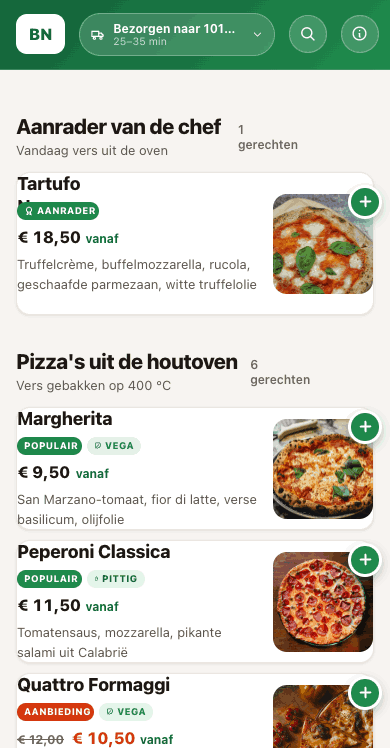 Foodnu bestelsite — menu met foto's op mobiel