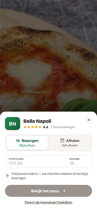 Menukaart op de bestelsite, op een telefoon